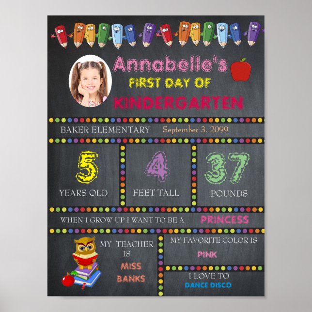 Poster Sinal de 1º Dia do Jardim de Infância, GIRL, Chalk (Frente)