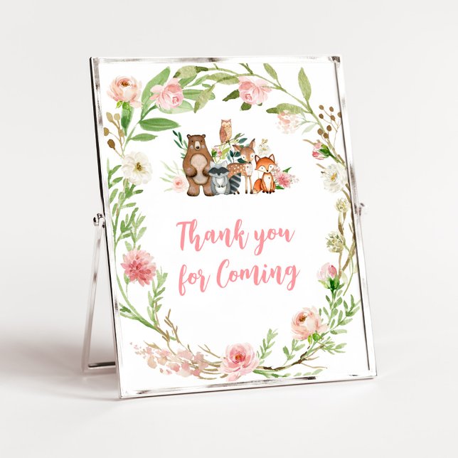 Poster Sinal de Agradecimento Floral Rosa da Floresta (Girl Woodland Animals Baby Shower Thank you for Coming Sign)