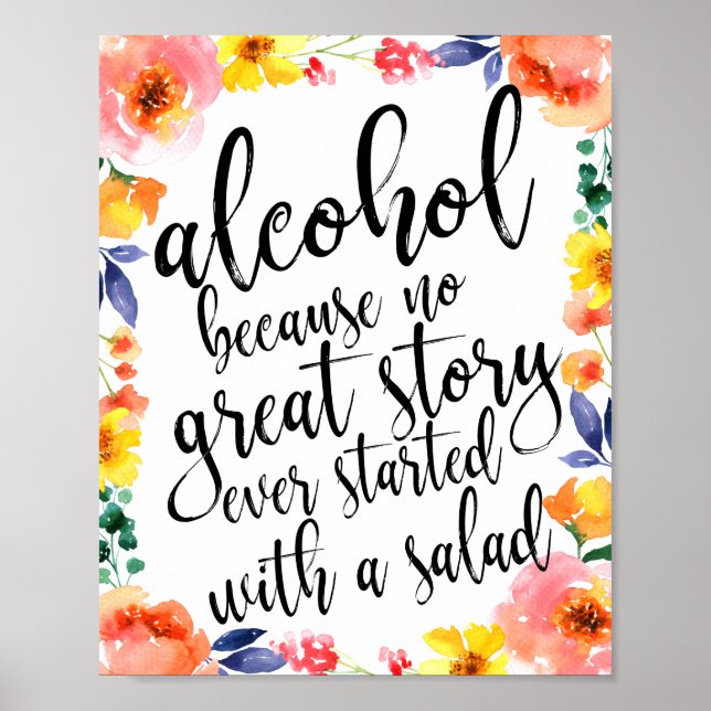 Póster Sinal de Álcool de Casamento com Aquarela Floral 8 (Frente)