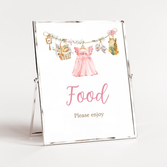 Poster Sinal de Alimentação para Chás de Bebê com Tema de (Pink Locally Grown Clothesline Baby Shower Food Sign)