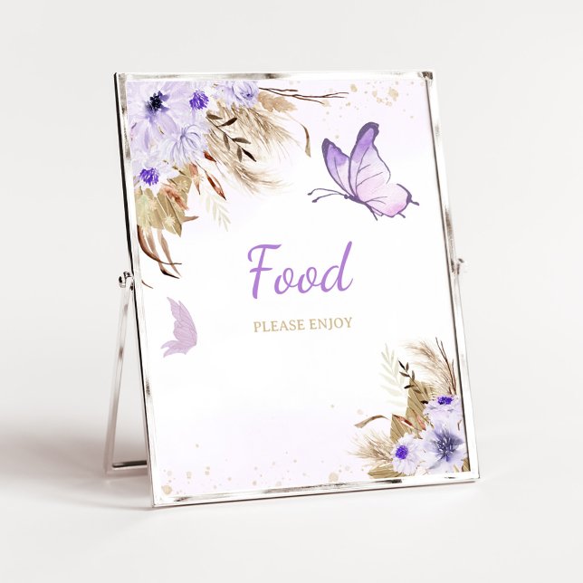 Poster Sinal de Alimentação para Chás de Bebê Floral Borb (Purple Butterfly Baby Shower Food Sign)