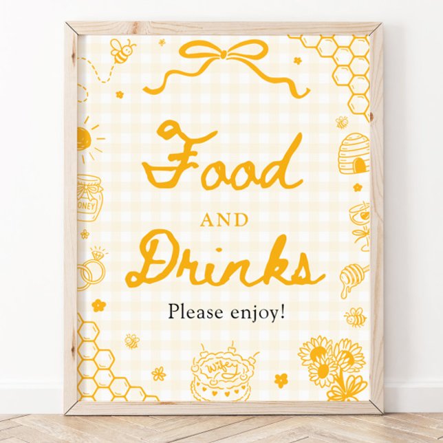 Poster Sinal de Alimentos e Bebidas Abelha Mel Xadrez Ama (Yellow Gingham Honey Bee Food and Drinks Sign)