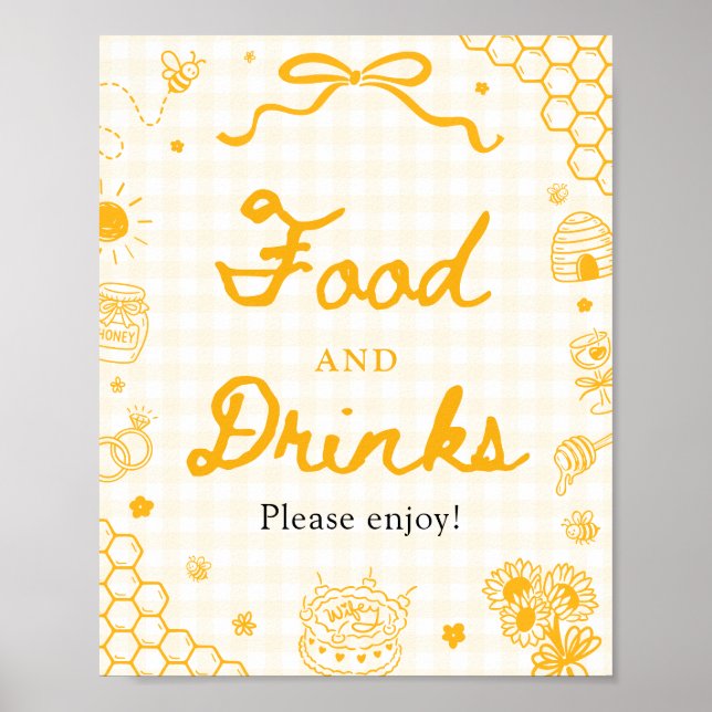 Poster Sinal de Alimentos e Bebidas Abelha Mel Xadrez Ama (Frente)