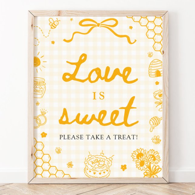 Poster Sinal de Amor É Doce Abelha Mel Xadrez Amarelo Mod (Modern Yellow Gingham Honey Bee Love is Sweet Sign)
