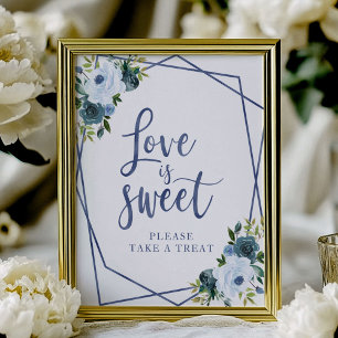 Poster Sinal de Amor É Doce Floral Aquarela Azul Empoeira
