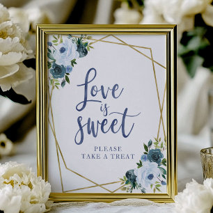 Poster Sinal de Amor é Doce Floral Azul Empoeirado Dourad