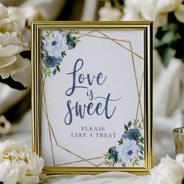 Poster Sinal de Amor é Doce Floral Azul Empoeirado Dourad (Criador carregado)