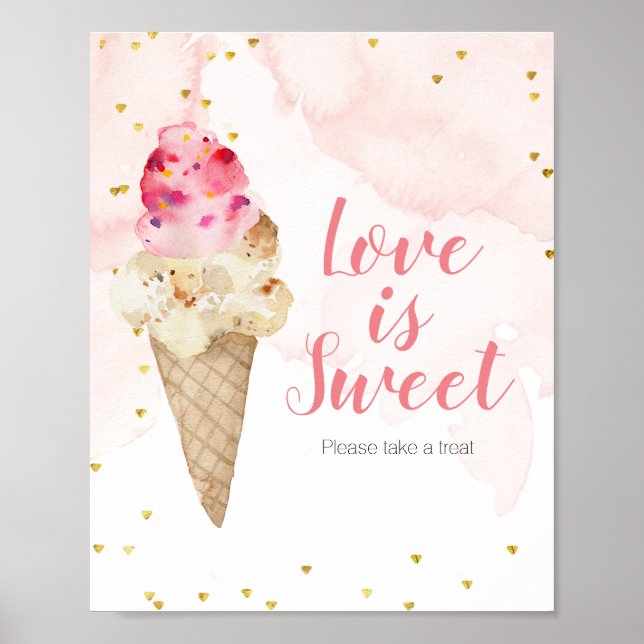 Poster Sinal de Amor é Doce Sorvete Rosa e Dourado (Frente)