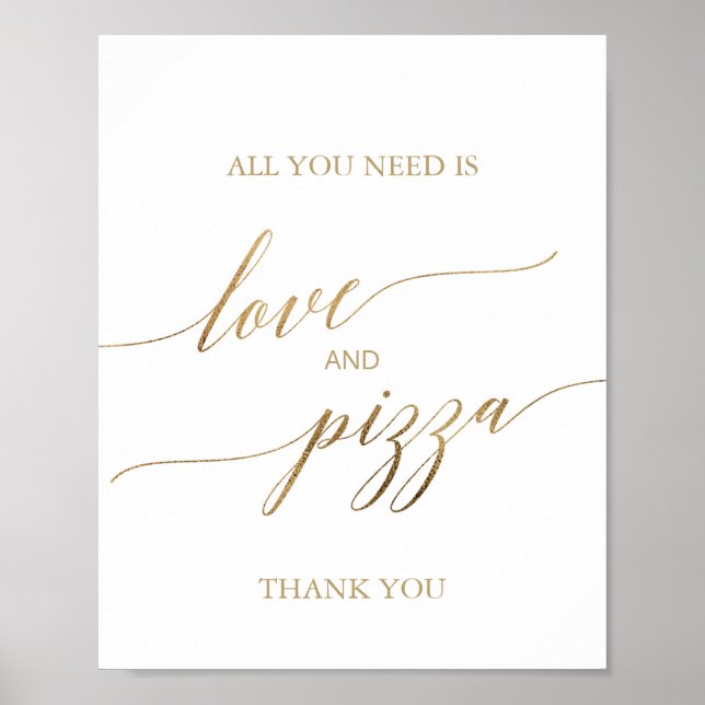 Poster Sinal de Amor e Pizza com Caligrafia Dourada Elega (Frente)