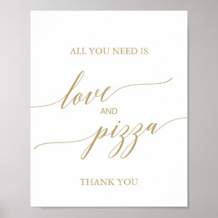 Poster Sinal de Amor e Pizza em Caligrafia Dourada Plana 