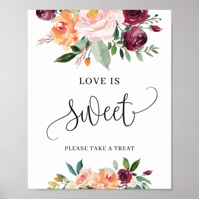 Poster Sinal de amor floral laranja Bege Borgonha é doce (Frente)
