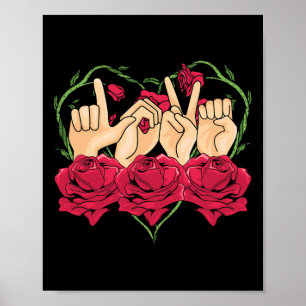 Poster Sinal de Amor Língua de Sinais Rosa Coração Consci