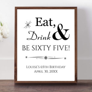 Poster Sinal de Aniversário de 65 Anos Retro Comer Beber