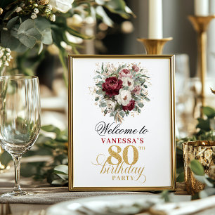 Poster Sinal de Aniversário de 80 anos Bohemian Burgundy 