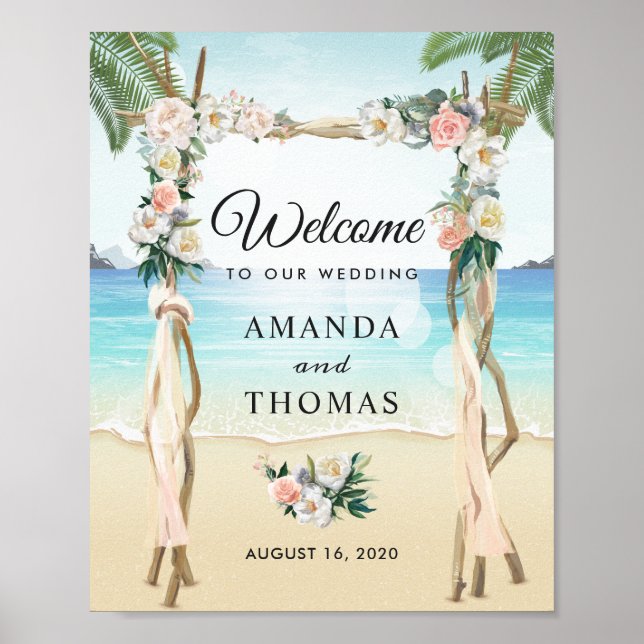 Poster Sinal de Arco de Casamento Tropical Floral Beach A (Frente)