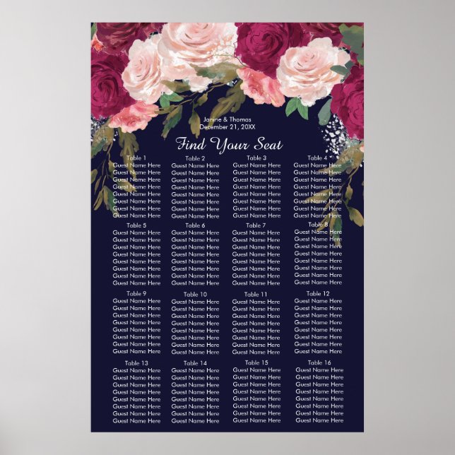 Póster Sinal de assento de casamento rosa-burgundy marinh (Frente)