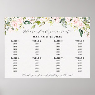 Poster Sinal de Assento Floral Blush Eucalipto Casamento