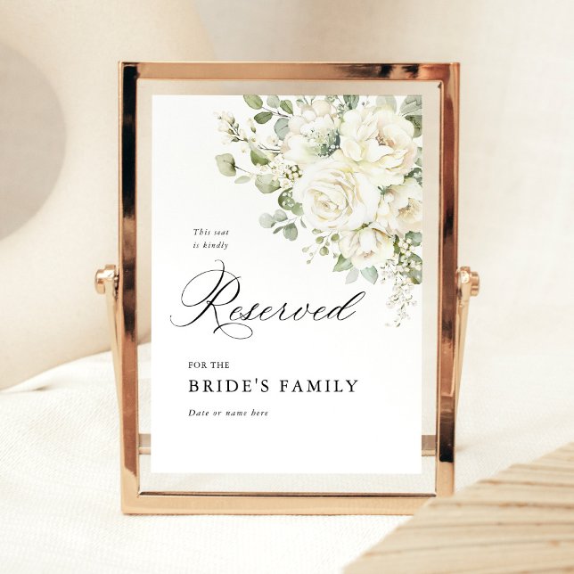 Poster Sinal de Assento Reservado Sage Verde Floral Branc (Sage green white floral wedding reserved sign, watercolor seating sign, elegant wedding stationery)