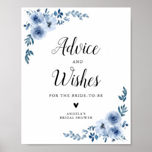 Poster Sinal de aviso e desejos florais de cor aquosa azu
