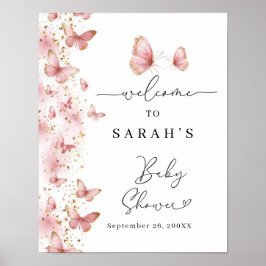 Poster Sinal de Baby Shower Borboleta Rosa Personalizado