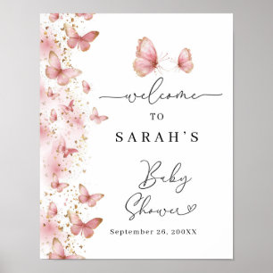 Poster Sinal de Baby Shower Borboleta Rosa Personalizado