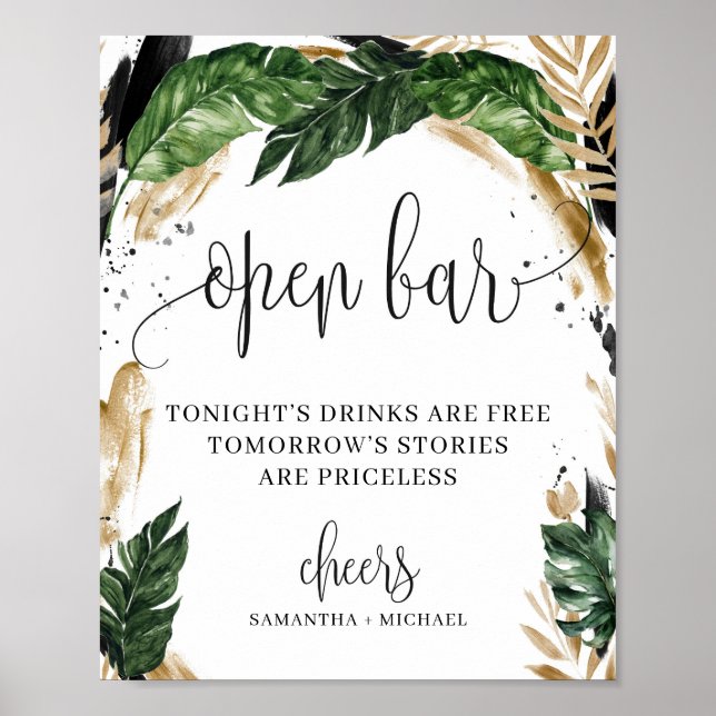 Poster Sinal de bar aberto com folhas tropicais e flores  (Frente)