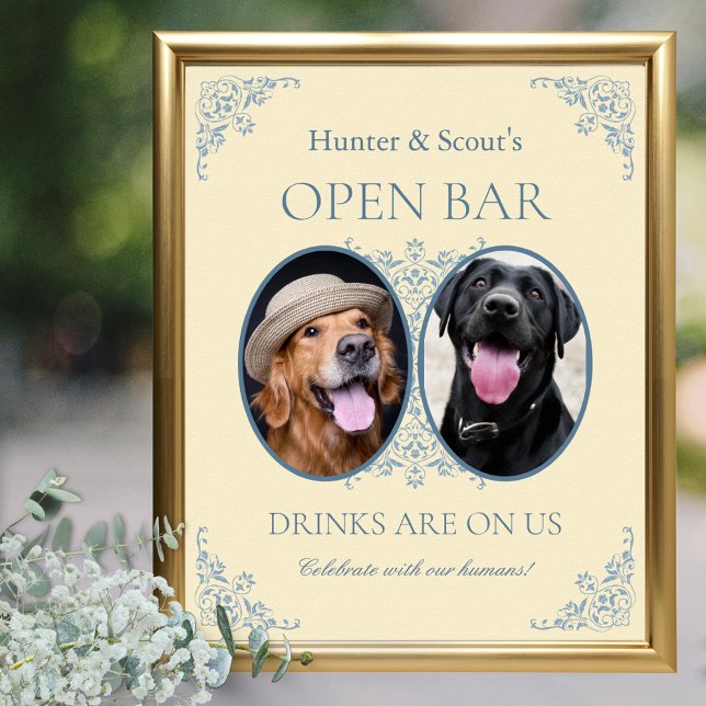 Poster Sinal de Bar Aberto de Casamento Chic Amarelo Pet  (elegant butter yellow wedding open bar sign for pet lovers with 2 photos and vintage border design)