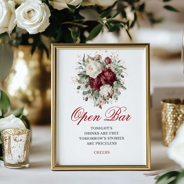 Poster Sinal de Bar Aberto de Casamento Eucalipto Blush B (Eucalyptus Blush Burgundy Open Bar Sign)