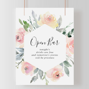 Poster Sinal de Bar Aberto de Casamento Floral de Blush R