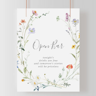 Poster Sinal de Bar Aberto de Casamento Floral Multicolor