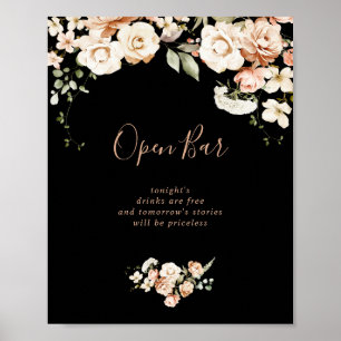 Poster Sinal de Bar Aberto de Casamento Floral Real Preto
