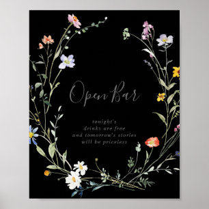 Poster Sinal de Bar Aberto de Casamento Preto Floral Mult