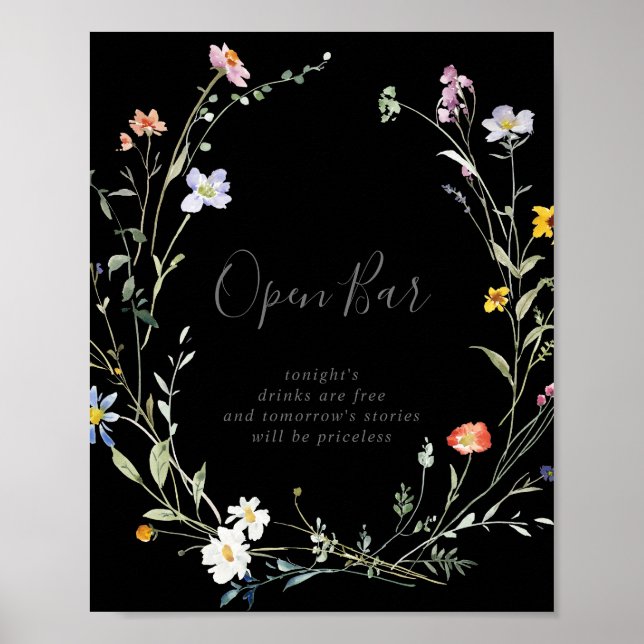 Poster Sinal de Bar Aberto de Casamento Preto Floral Mult (Frente)