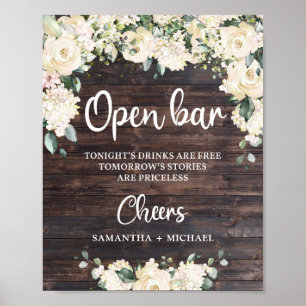 Poster Sinal de bar aberto de madeira de folhagem boho ve