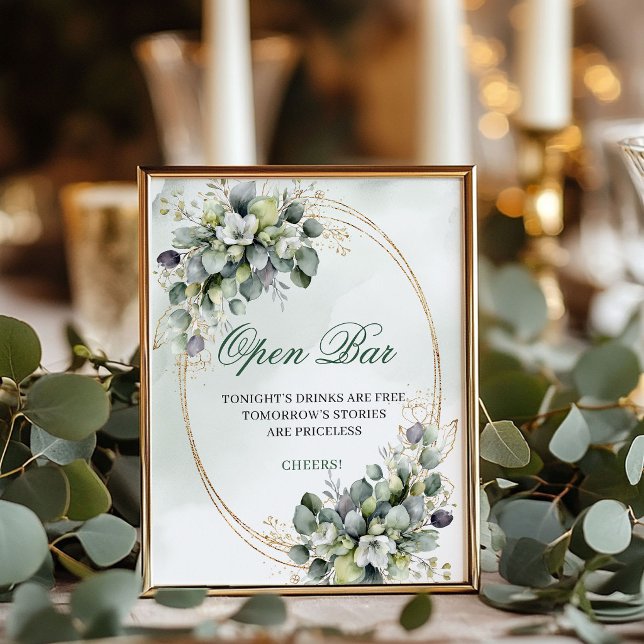 Poster Sinal de Bar Aberto de Verde Oliva Casamento Doura (Sage Green Greenery Open Bar Sign Gold Wedding)