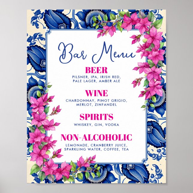 Poster Sinal de Bar azul Bougainvillea rosa (Frente)