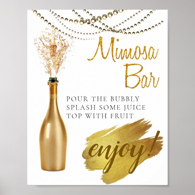 Poster Sinal de Bar Bridal Dourada Elegante Brunch Mimosa (Frente)