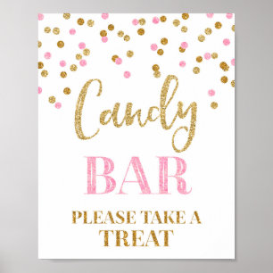 Poster Sinal de Bar Candy de Casamento Rosa Dourado Confe