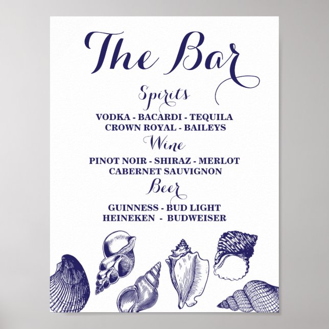 Poster Sinal de Bar Casamento na Praia Recepção Conchas O (Frente)