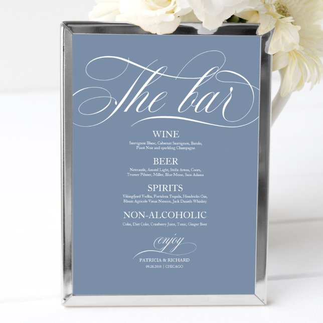 Poster Sinal de Bar de Casamento Chic Dusty Blue (Criador carregado)