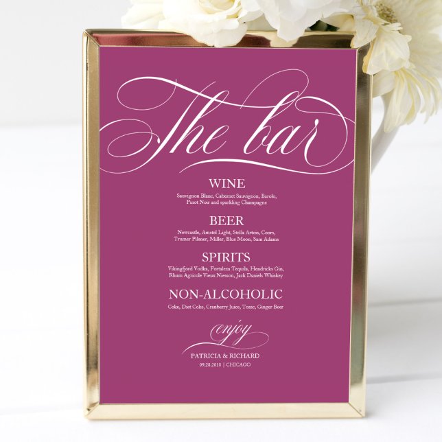 Poster Sinal de Bar de Casamento Chic Pink Cassis (Criador carregado)