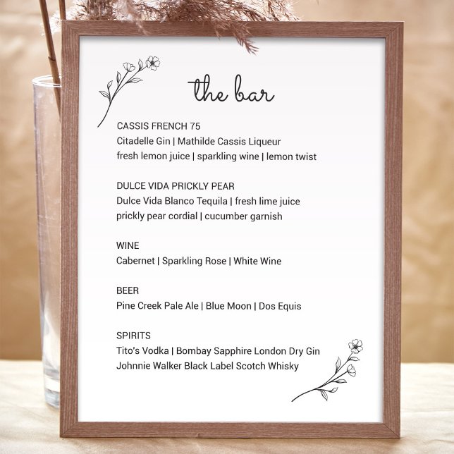 Poster Sinal de Bar de Casamento de Flor Selvagem (Wildflower Wedding Bar Menu Sign by Fiesta Valley Print)