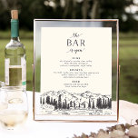 Póster Sinal de Bar de Casamento do Esquema de Montanha<br><div class="desc">Convide os convidados a agarrar a sua libação favorita com a nossa encantadora placa de cardápio de bar de casamento. A placa de bar 11x14 apresenta uma borda inferior de picos de montanha, pinheiros e um rio fluindo em estilo esboçado manualmente, com "o bar está aberto" em marrom-escuro como plummy....</div>