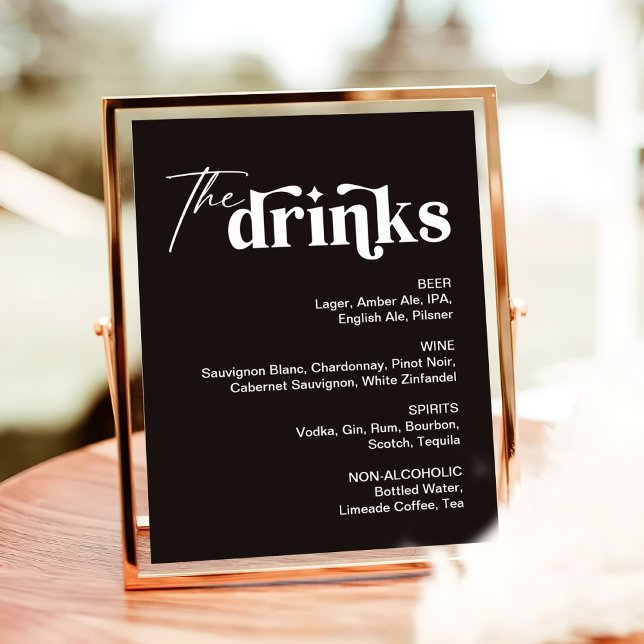 Poster Sinal de Bar de Casamento do Menu de Bebida Negra (Criador carregado)