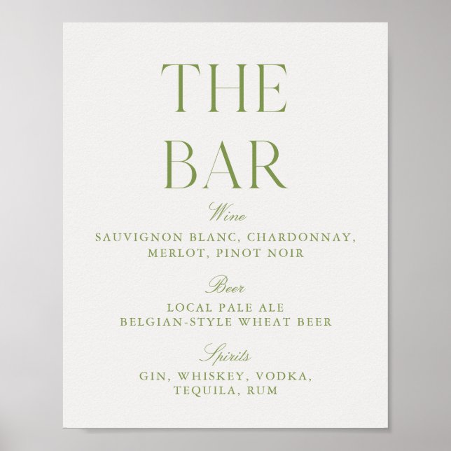 Poster Sinal de Bar de Casamento Sofisticado Verde e Bege (Frente)