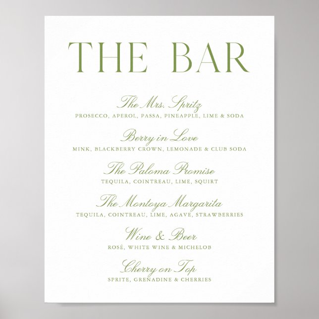 Poster Sinal de Bar de Casamento Verde e Branco Sofistica (Frente)