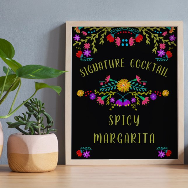 Poster Sinal de Bar de Coquetel com Tema de Flor da Festa (Signature Cocktail Bar Sign  from Mexican Fiesta Floral collection. Order printed or digital file
)