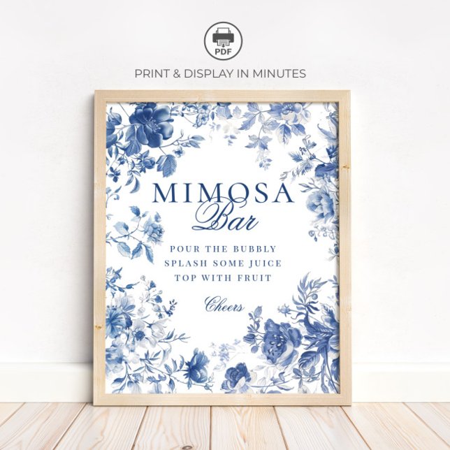 Poster Sinal de Bar de Mimosa com Elegante Toile Azul Chi (Criador carregado)