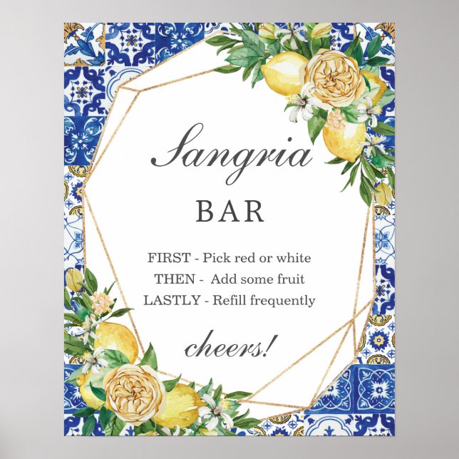 Poster Sinal de Bar de Sangria Floral Limão Chic (Frente)