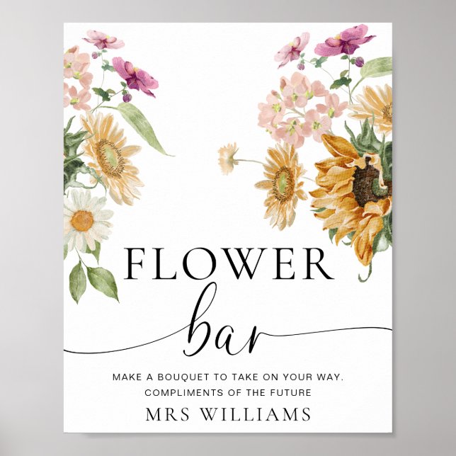 Poster Sinal de Bar Flor de Girassol Queda Floral (Frente)